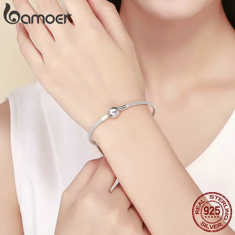 BAMOER, классика, серебро, 925 пробы, любовь, навсегда, любовь, змеиная цепочка, браслеты для женщин, Стерлинговое Серебро, ювелирное изделие, 17 см, 19 см, SCB105