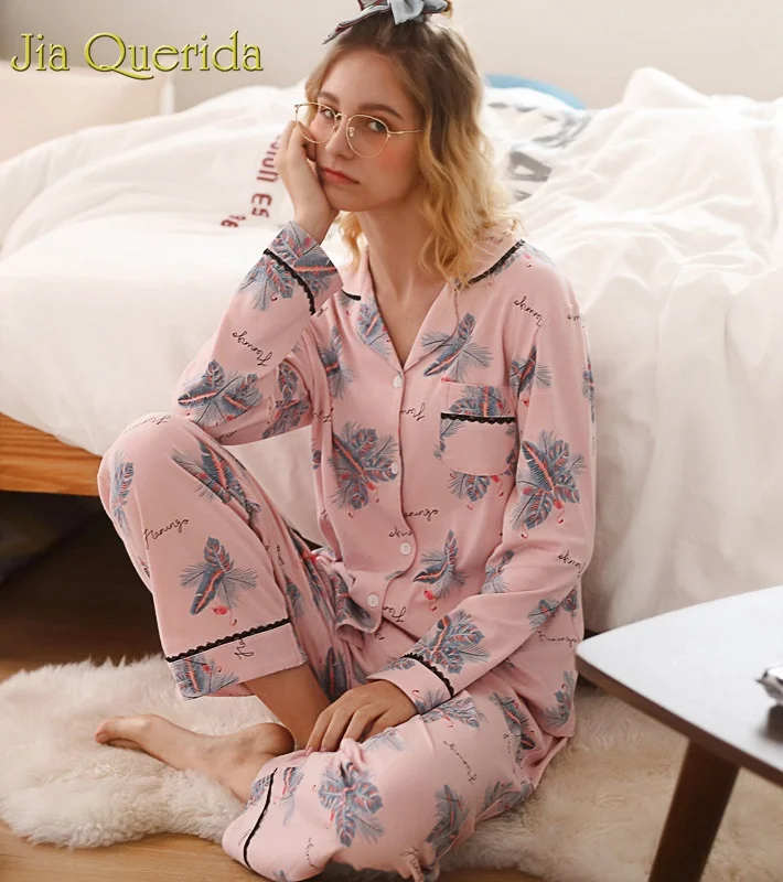 J & Q Pjs для женщин 2019 Весна Новая мода пижамный комплект 2 шт. Женская хлопковая