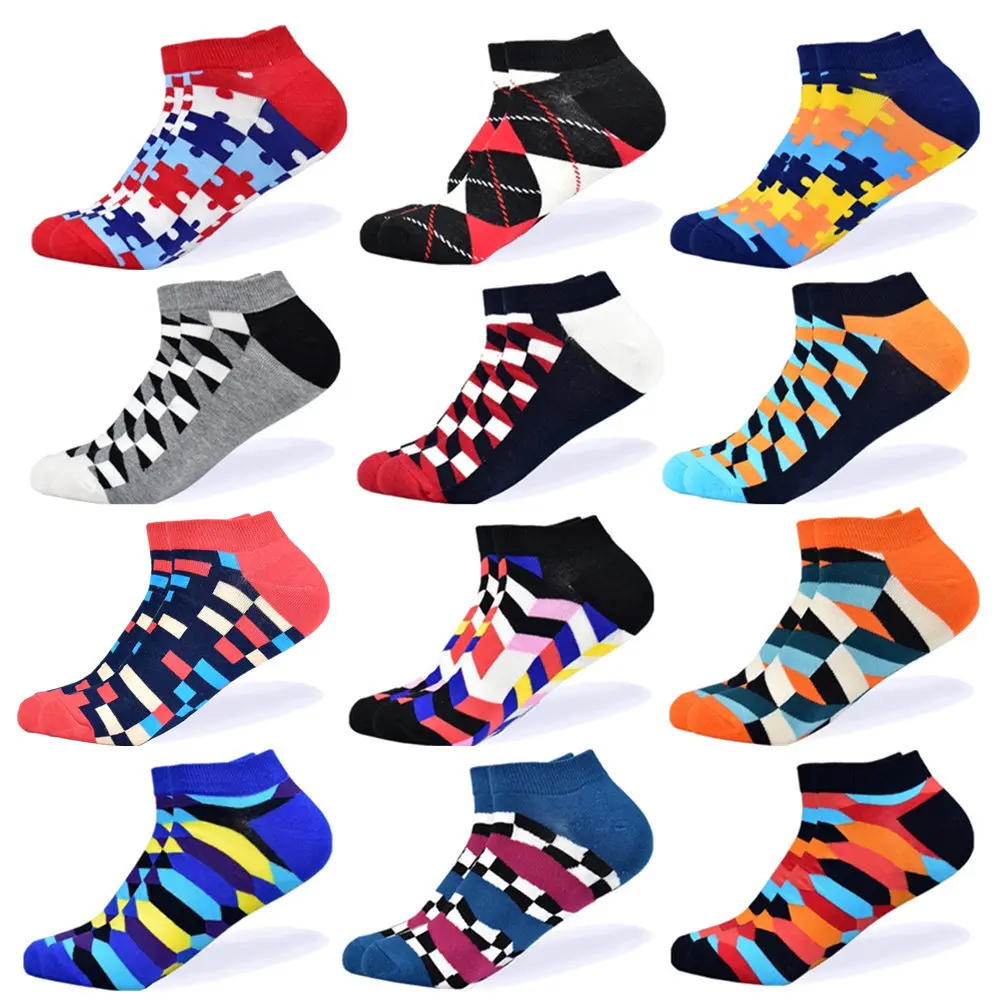 12 pairs-4 Носки мужские новейшие дизайнерские носки-башмачки короткие летние носки качественные деловые разноцветные мужские хлопковые носки с геометрическими узорами - Цвет: 12 pairs-4