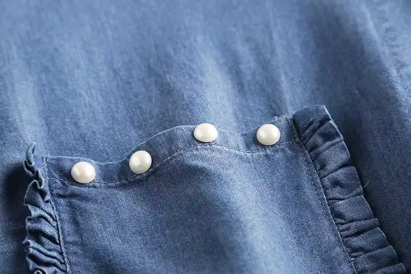 Tencel Джинсовая женская рубашка из искусственного жемчуга с бусинами Мягкая джинсовая длинная рубашка с длинными рукавами светло-голубой Повседневный Свободный Топ уличный сверхразмерный