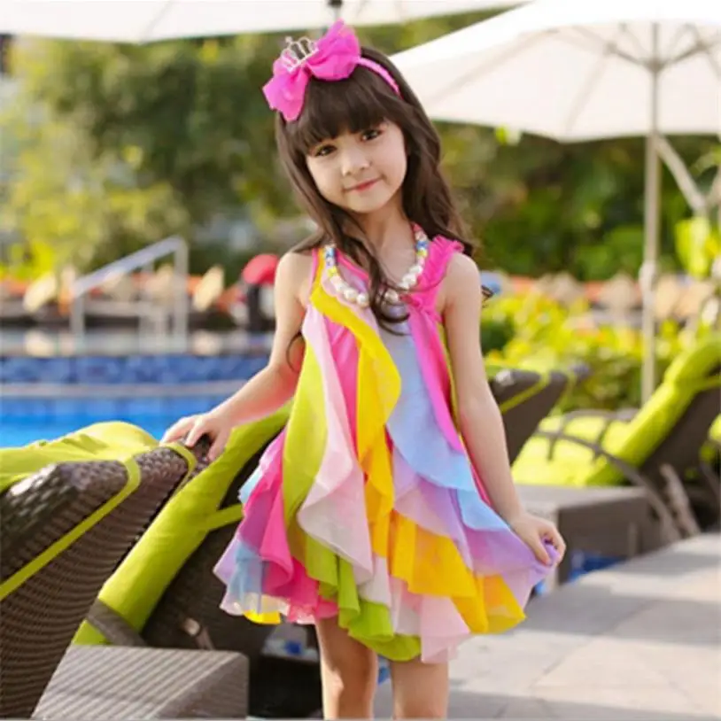 Girls baby rainbow dress 2019 summer new sweet style sleeveless mesh kids loose mini children clothes 4-12Y ws670 | Детская одежда и
