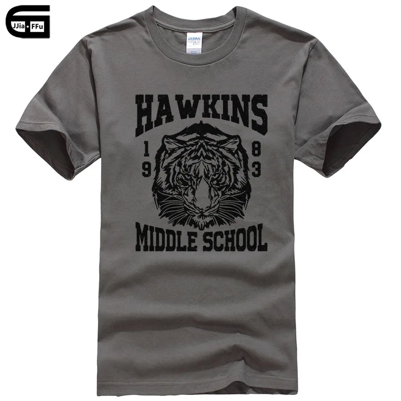 Dark gray Летние Стильные футболки для мужчин Hawkins Middle School Tiger 1983, футболка с принтом, Повседневная футболка из хлопка T234 - Цвет: Dark gray