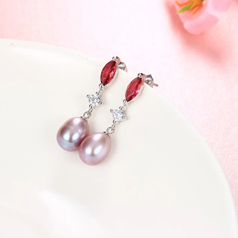 HENGSHENG 2017 New 925 Sterling Silver Women Dangle Earrings For Girlfriend Gift 8-9mm AAAA Freshwater Pearl with red crystal | Украшения и