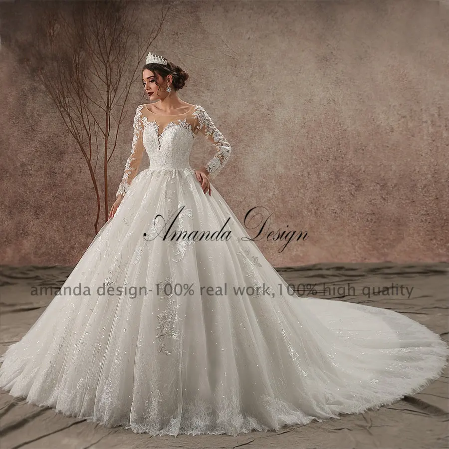 Аманда дизайн vestido de casamento длинный рукав кружева аппликация Иллюзия черное свадебное платье