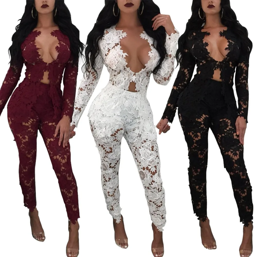 Осенне весенний новый черно белый кружевной комбинезон с цветочной вышивкой