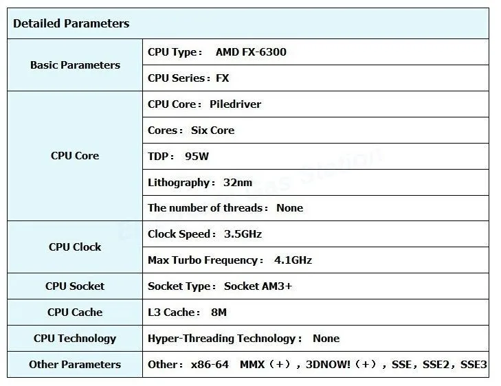 AMD FX 6300 3.5 ГГц/4.1 ГГц L2 6 М L3 8 МБ Разъем ПРОЦЕССОРА AM3 + процессоров серийный FX-6300