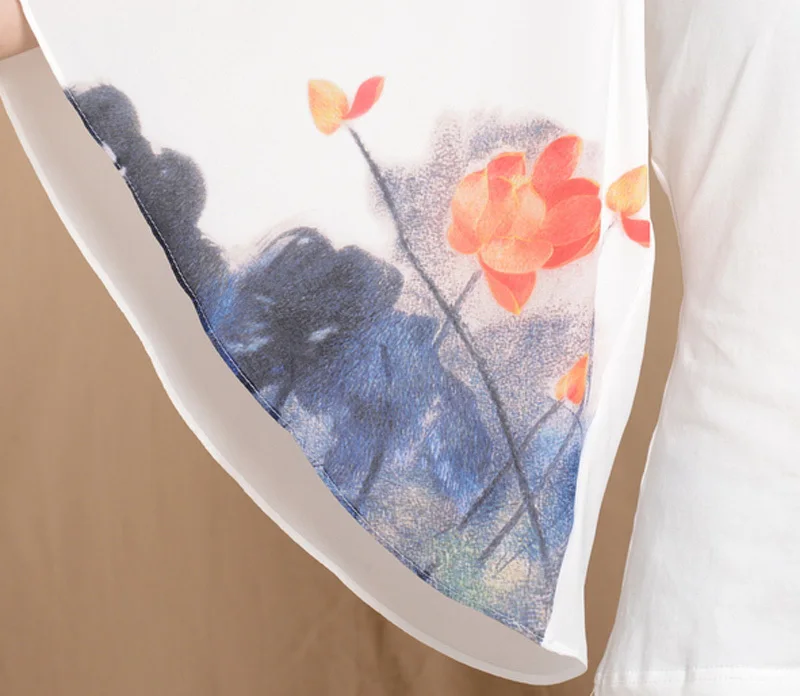 Love Ethnic Women Pose Princess beautiful lotus big horn sleeve chiffon shirt printing t-shirt female summer |
