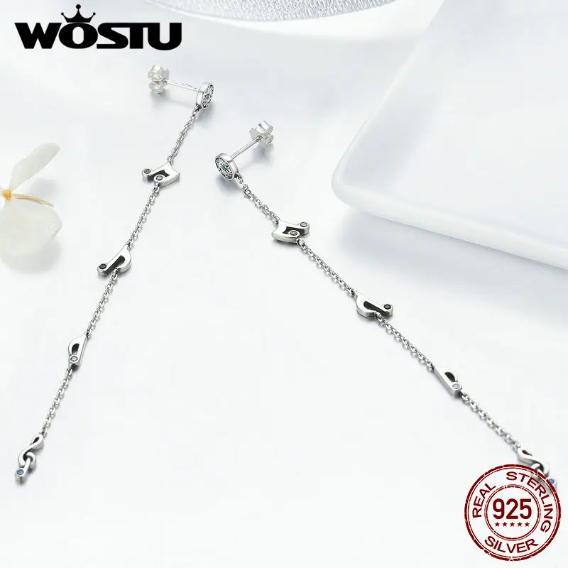 WOSTU Аутентичные 925 пробы Серебряные музыкальные ноты зеленый кубический циркон камень длинные висячие серьги для женщин элегантные ювелирные изделия BKE235