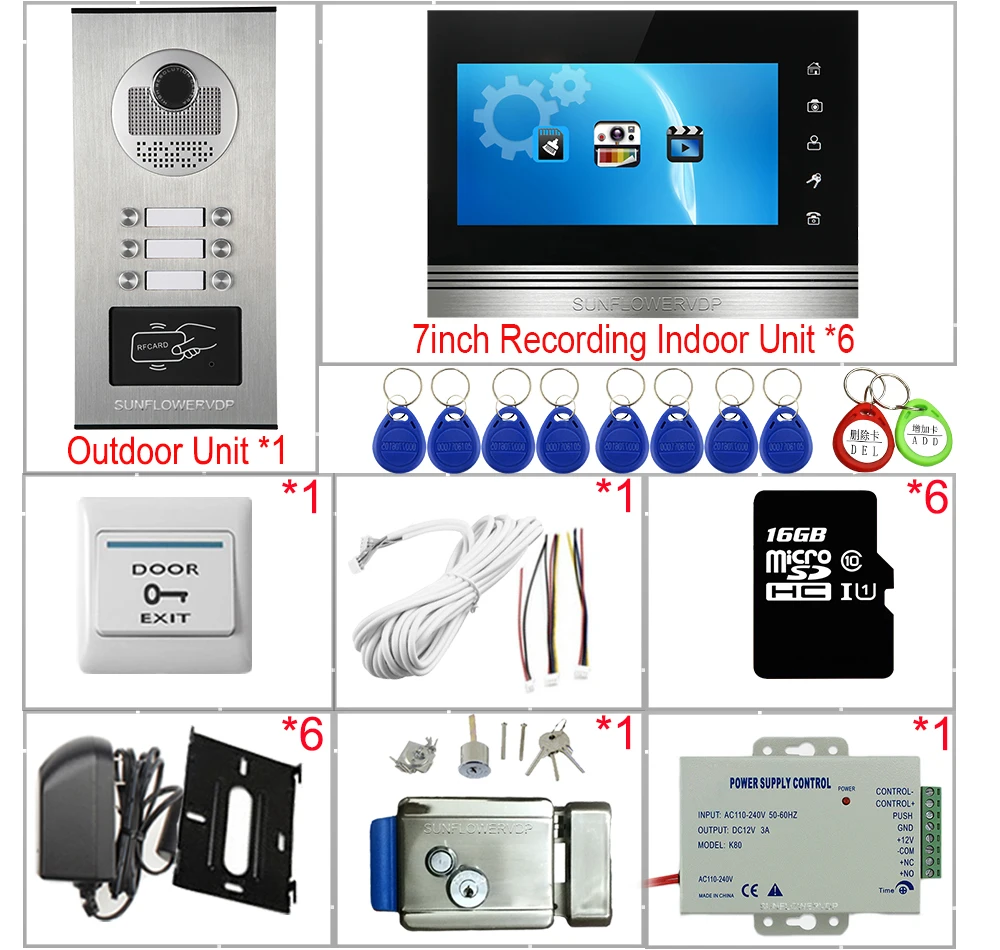 Video Intercom With Recording +16GB TF Card Access Control 7inch Color Door Intercoms for 6-12 Apartments + Electronic Door Lock