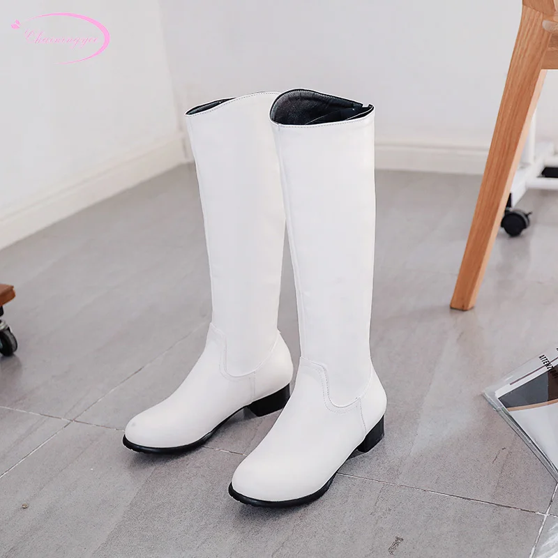 

European casual style round toe knee high boots fashion zipper black white brown low heel thick riding boots women's shoes