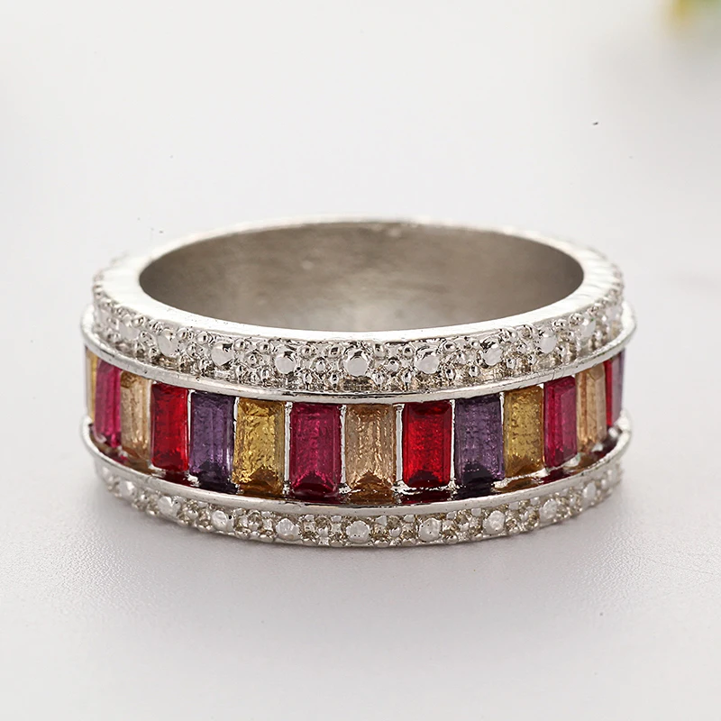 

Fashion Jewelry Rainbow Ring Square Baguette Charms Engagement Rings for Women Colorful Cubic Zirconia Eternity Band Ring 30K627