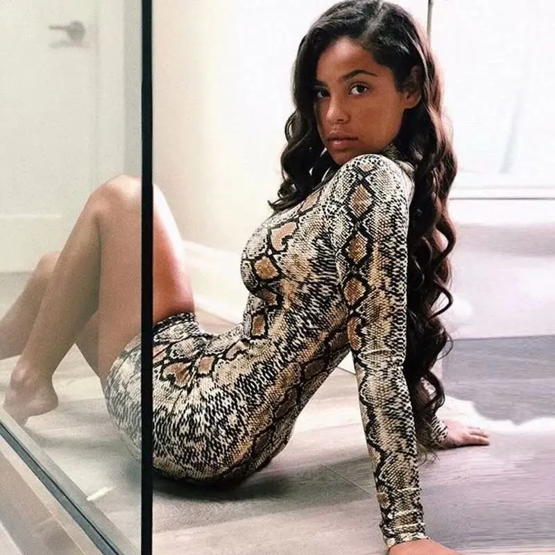 

Summer Maxi Dress 2019 Korean Retro Casual High Quality Women Dress Sexy Party Snake Print Long Sleeve Slim Sexy Dress