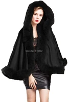 noble genuine real cashmere genuine fox fur poncho with cap a word style shawlcape wrapsblack