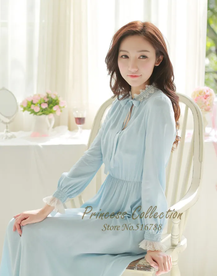 Бесплатная доставка женская ночная рубашка в стиле принцессы белого и голубого