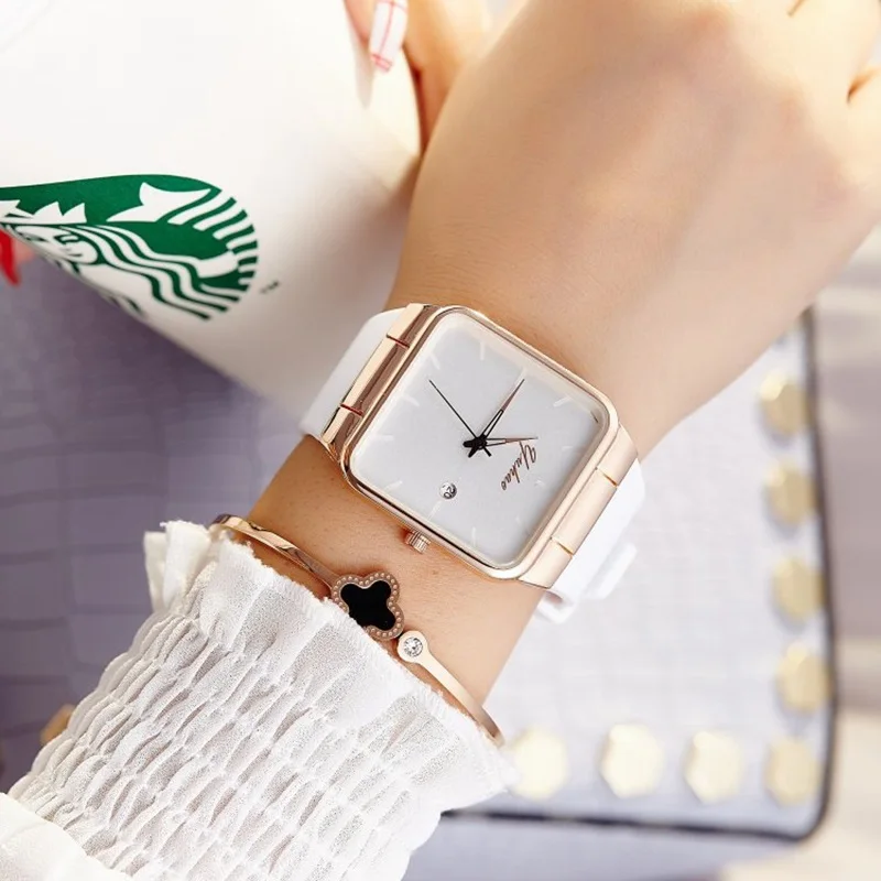Брендовые женские часы, женские силиконовые квадратные часы reloj mujer, роскошные нарядные часы, женские кварцевые наручные часы из розового золота, Montre Femme - Цвет: Белый