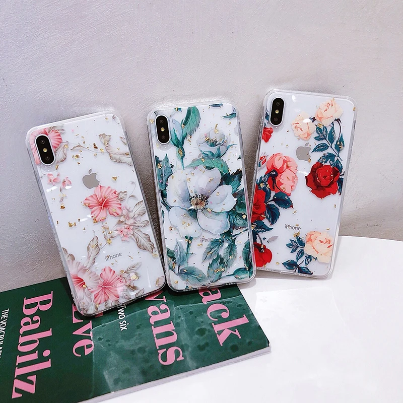 Glam чехол для телефона прозрачный золотой фольгированный цветочный iPhone XS Max XR X 8plus