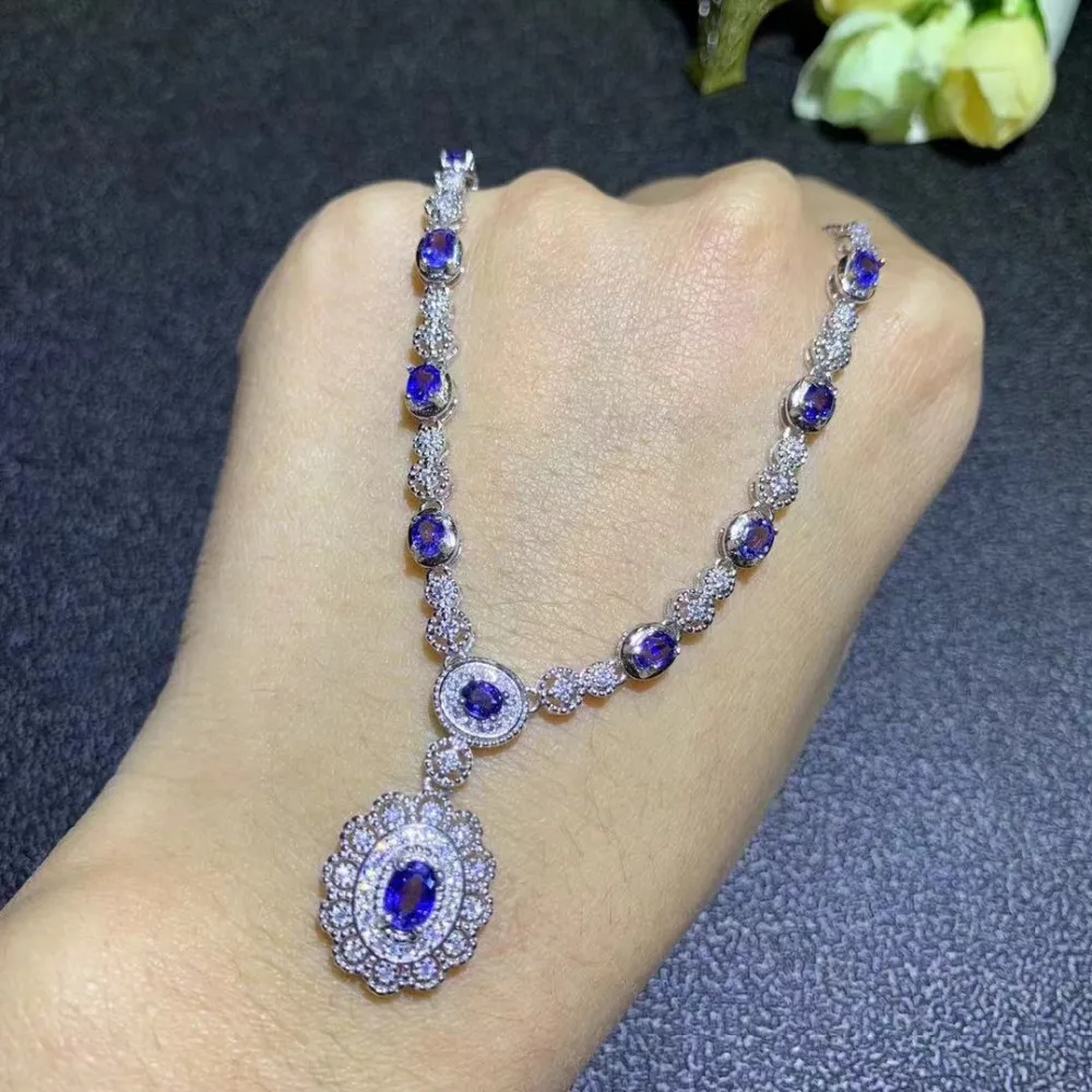Ожерелье из серебра 925 пробы с натуральным голубым сапфиром | Украшения и