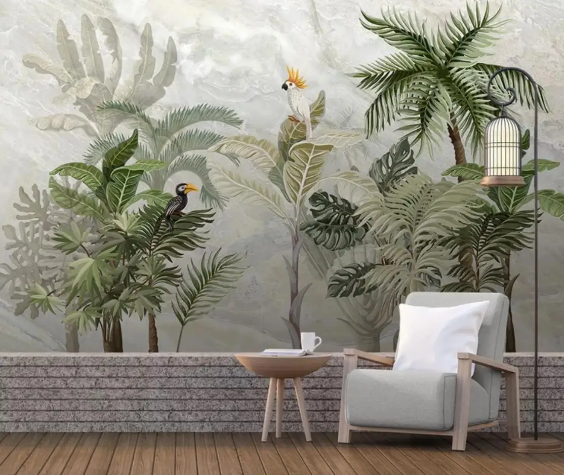 

3D Mural Wallpaper Tropical Leaves Parrot Animal Wallpaper for Walls Living Room TV Background Rainforest Leaf Wall Murals