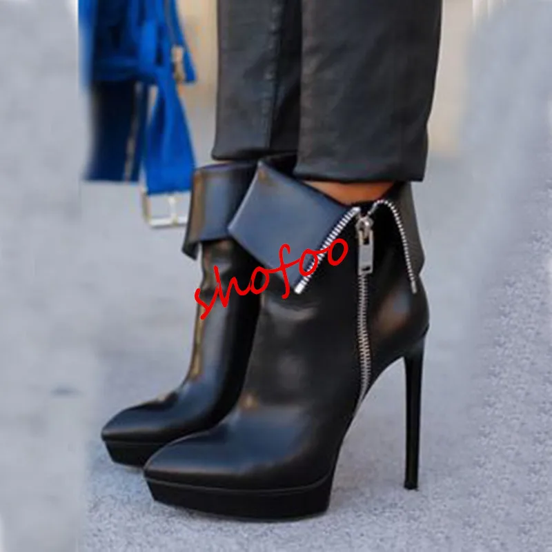 

SHOFOO shoes,beautiful fashion women's shoes, black PU, zipper,about 12.5 cm high heel boots,mid-calf boots. SIZE:34-45