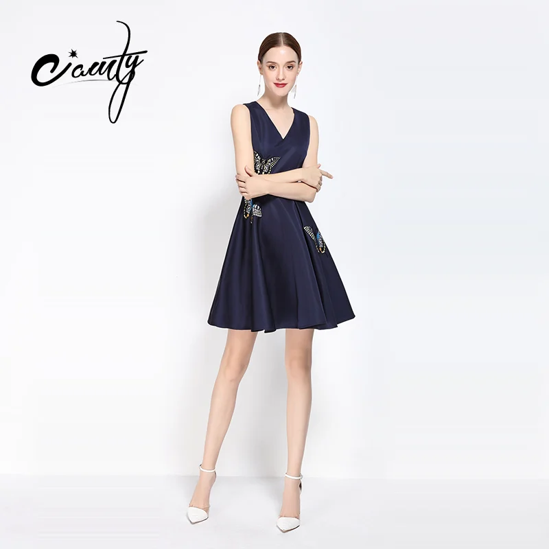 Camty мода sexy line талия dress бабочки вышивка v шеи без рукавов длиной до колен party vestido