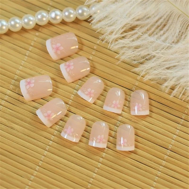 Hot Sale 24 Pcs Acrylic french false nails tips Pink With glue Pattern Fake Nails artistic Cover Nail Art Tips Salon free | Красота и