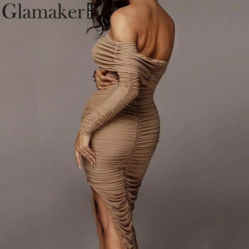 Glamaker плиссированное платье без бретелек нерегулярное сексуальное женское летнее платье с разрезом с одним рукавом облегающее женское элегантное для вечеринки и клуба Макси платье