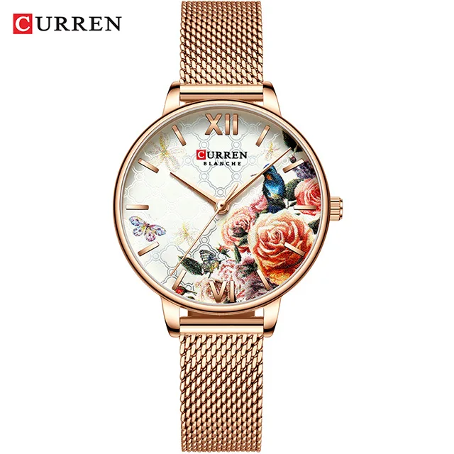 S-rose gold white Curren часы женские люксовый бренд очаровательные цветы женские наручные часы из нержавеющей стали золотые часы для женщин Montre Femme - Цвет: S-rose gold white