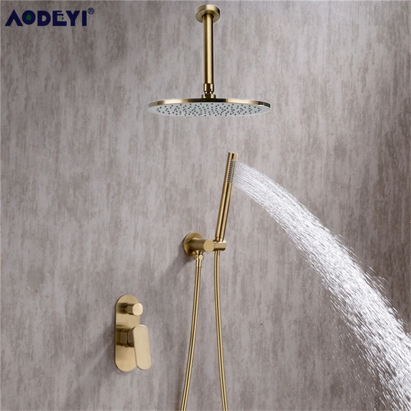 solid brass bathroom shower set rianfall shower head shower faucet system wall mounted shower arm mixer water sets brushed gold free global shipping
