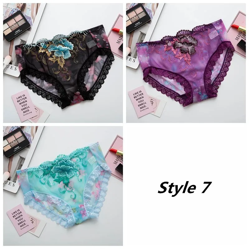 Style 7 3 шт./компл. Для женщин сексуальные кружевные штанишки с вышитыми цветами шорты средней высоты дышащие Мягкий хлопок строка, плавки, нижнее белье весна белье - Цвет: Style 7