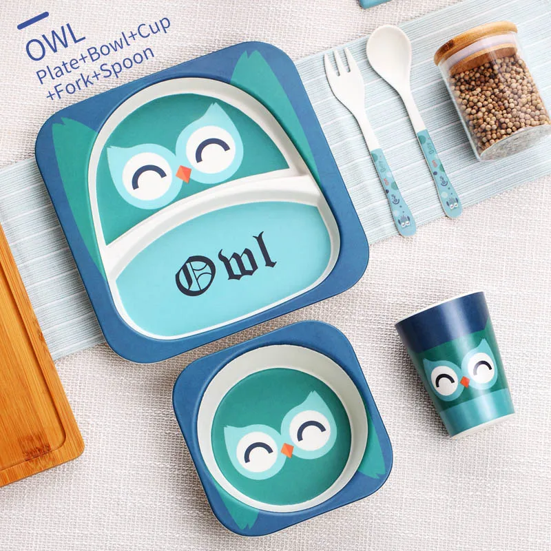 Owl 5 Pcs Мультяшная посуда набор для детей с животным узором столовая посуда экологичный бамбуковый кухонный набор обеденной посуды детский набор столовых приборов для пикника - Цвет: Owl 5 Pcs