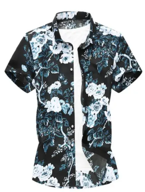 5392-blue Большие размеры 6XL 7XL летние мужские рубашки Slim Fit с отложным воротником цветочные рубашки с коротким рукавом с цветочным узором мужские платья - Цвет: 5392-blue
