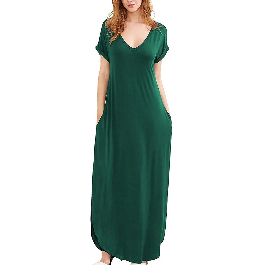 Женское повседневное длинное платье туника с v образным вырезом Боковым Разрезом