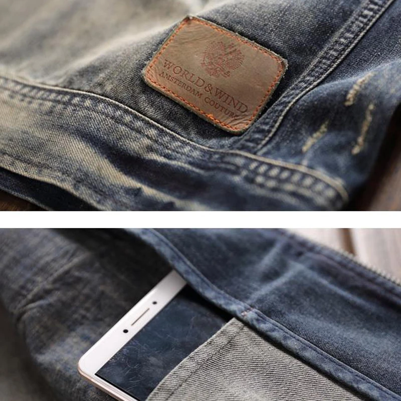 Ретро мода Slim Fit Мужские джинсы Автомобильная куртка пальто американский флаг лоскутное мужской костюм джинсовое пальто Верхняя одежда A192