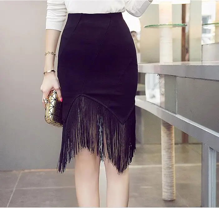 

Women plus size tassel skirts 2022 Summer Fashion Suede Fabric tassel splicing Black Hight Waist skirt Skinny skirt Ladies