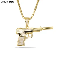vanaxin machine gun pendants necklaces for men gold color punk jewelry cubic zircons inlaid stone punk pistol necklace