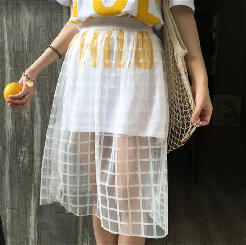 

2017 summer women skirt lace mesh tulle pencil skirt transparent mini high waist short vintage Sexy white black lace Plaid skirt