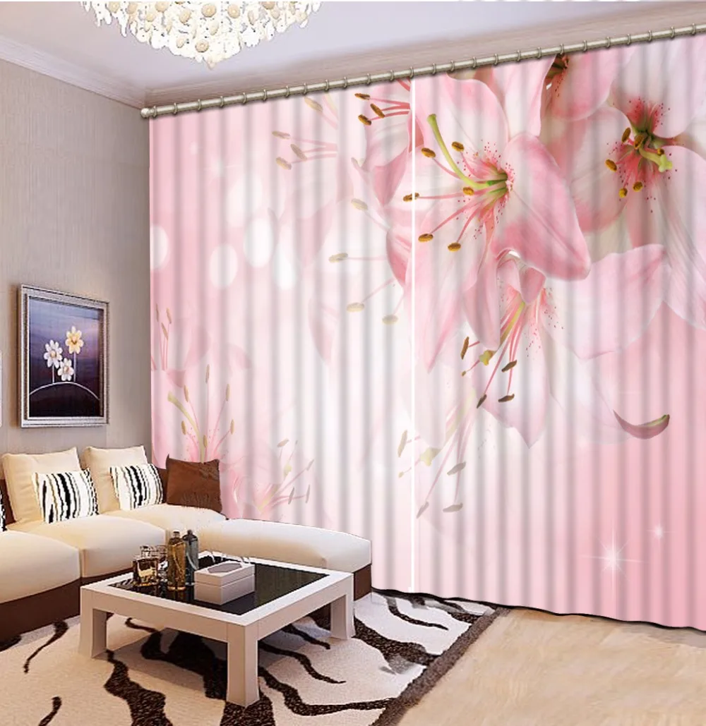 

3D Curtain Decoration Window Curtain Pink Lily Flowers Curtains Living Room Custom Photo Printing Curtains For Bedroom