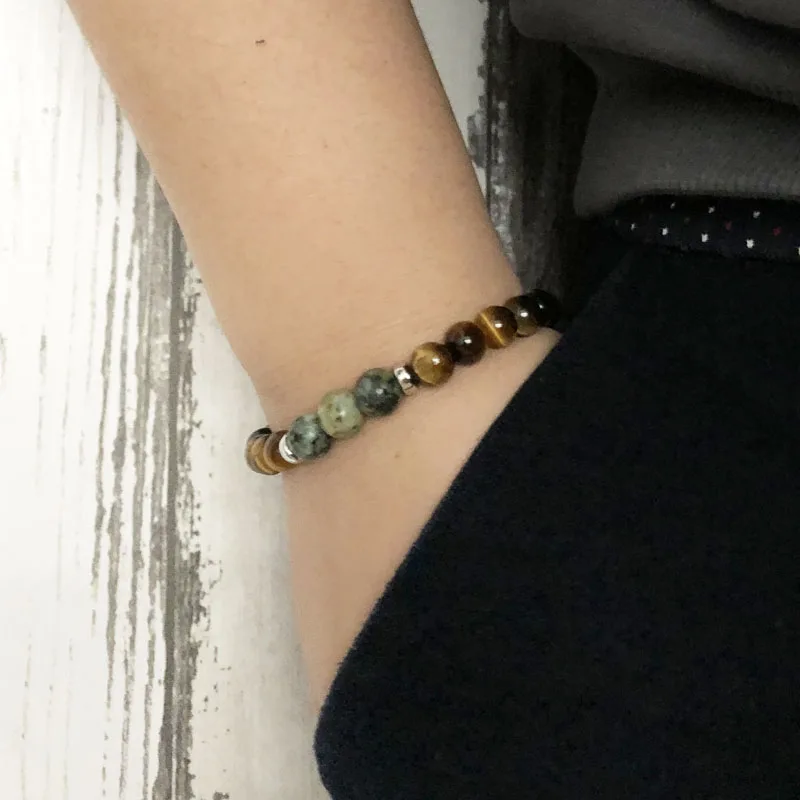 

Men Natural Stone Meditation Wrist Calming African T-urquoise Mala wrist Tigers' Eye Bracelet For Man