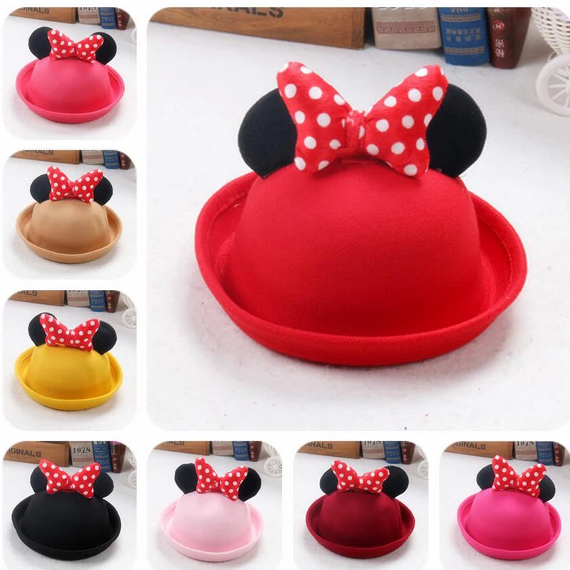 Мода Мультфильм Микки Шляпа Для Детей Бантом Шерстяного Войлока Fedora Шляпу Милый