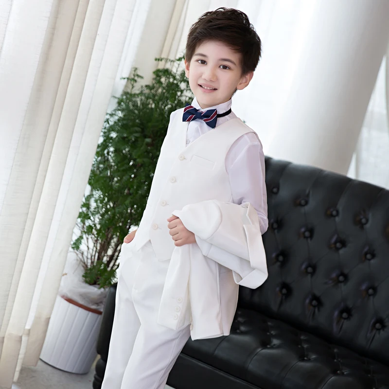Children's small suit white long-sleeved boy formal wedding flower girl dress host piano costume | Детская одежда и обувь