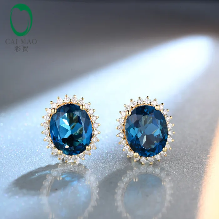 Мм 9x11 мм овальной огранки 9.20ct голубой топаз 14kt желтого золота природных алмазов серьги гвоздики
