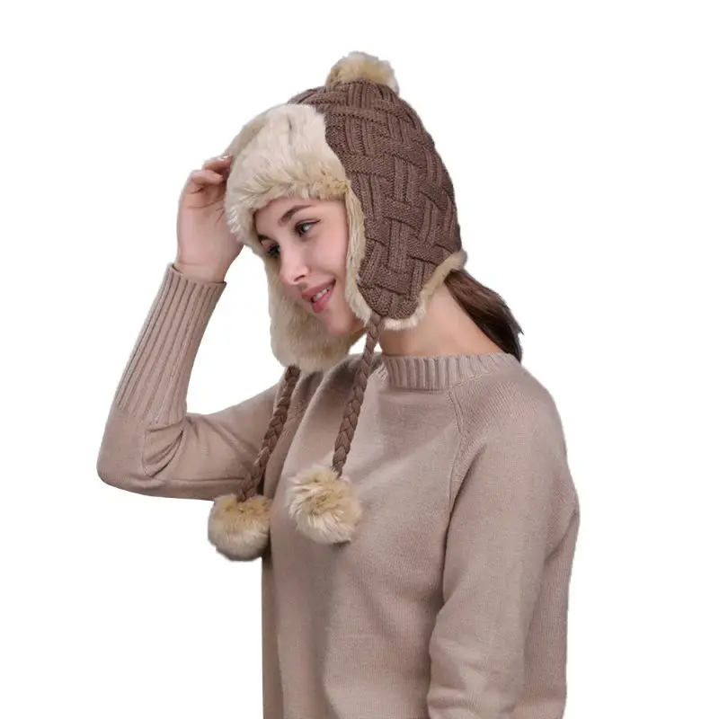 Khaki(solid) 11 Styles Women Winter Thicken Lining Earflap Hat Knitted Contrast Color Snow Ski Beanie Cap Pompom Ball Long Tassels Ear Warmer - Цвет: Khaki(solid)