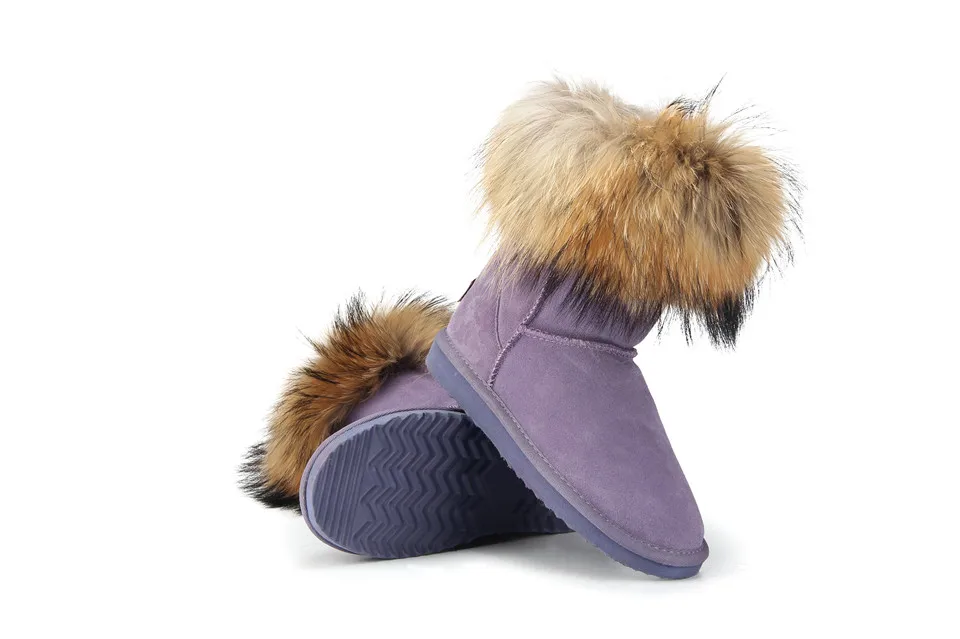 MBR FORCE Fashion Women's Natural Real fox Fur Snow Boots Genuine Cow Leather women Boots Female Warm Winter Boots Shoes