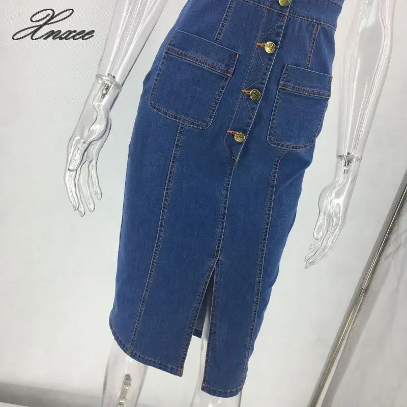

2020 explosion denim slim bag hip long button strap strap split dress