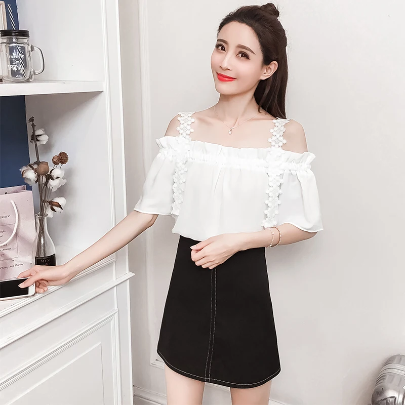 Корейская версия небольшой свежий голое плечо блузки MS темперамент сладкий