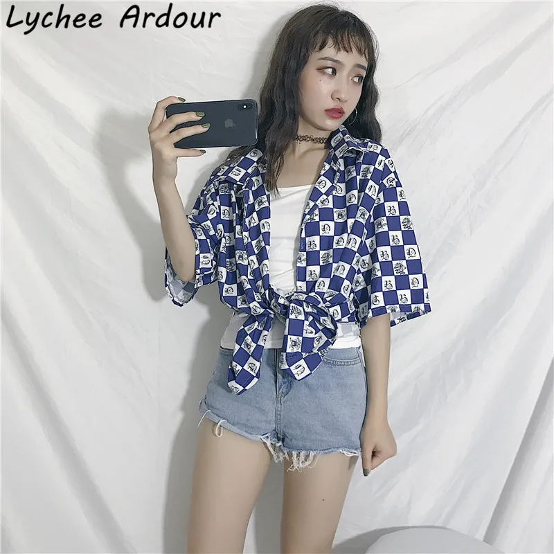 Lychee Ardour Plaid Cartoon Mouse Women Blouse Shirt Turn-Down Collar Half Sleeve Summer Female Casual Long |