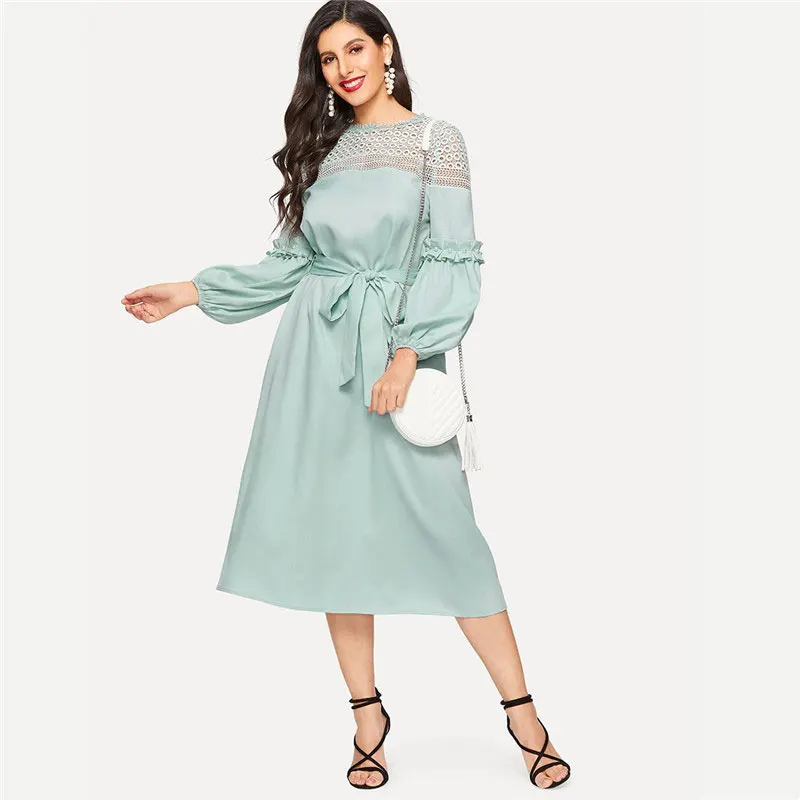 SHEIN Платье С Оригинальным Рукавом И Поясом Винтажное Платье С Кружевными Вставками Стильное Макси Платье