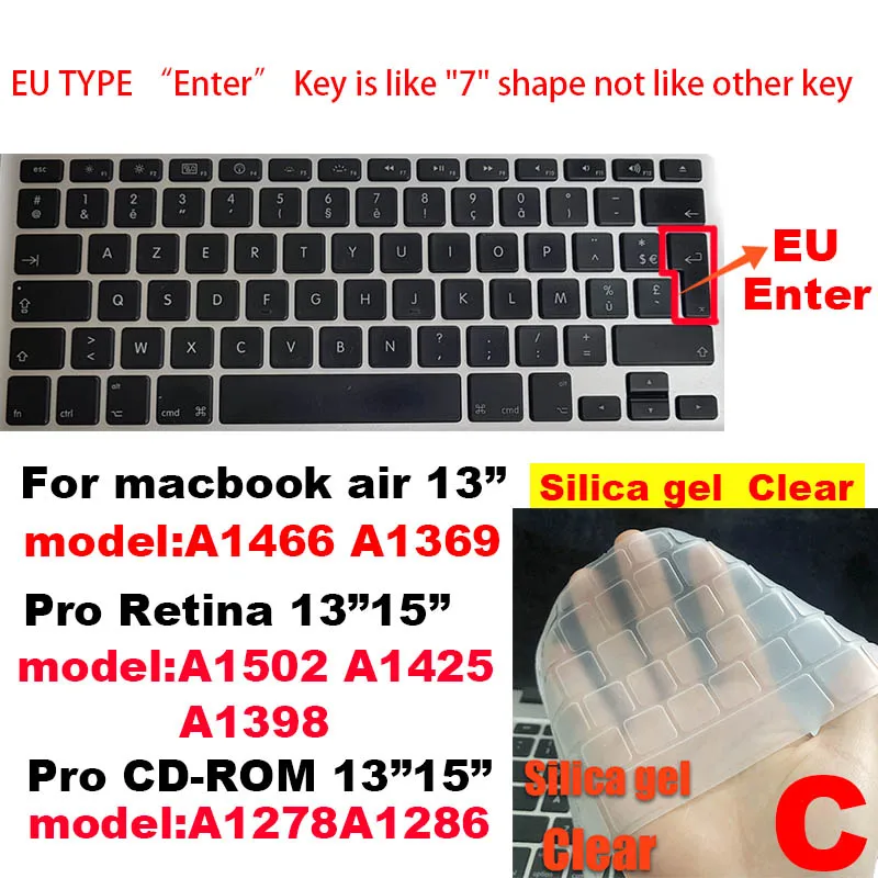 C Для Apple Macbook air pro retina EU/US версия A1466/1502/1398/1534/1990 Клавиатура Чехол Silica гелевый из термопластика прозрачный протектор пленка - Цвет: C