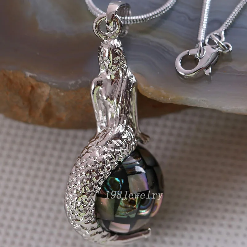 Blue Abalone Shell Серебряное ожерелье с подвеской-русалкой, натуральный камень, круглая бусина, кристалл, оникс, опал, кварц, Howlite, гематит, Абалон, раковина для женщин, Gifls - Окраска металла: Blue Abalone Shell