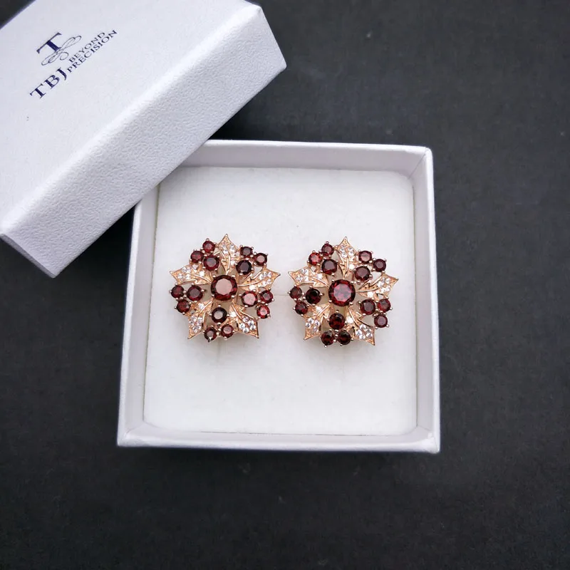 

TBJ,new elegant flower design garnet earring natural mozambique gemstone 925 sterling silver fine jewelry for women nice gifts